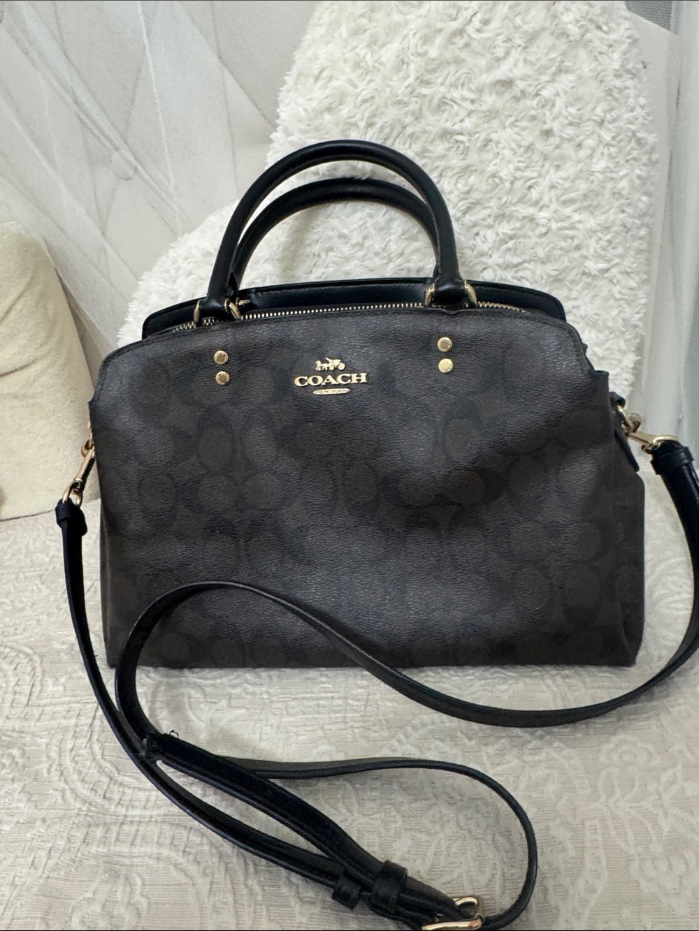Coach Black and Brown Large Signature Lillie Carryall